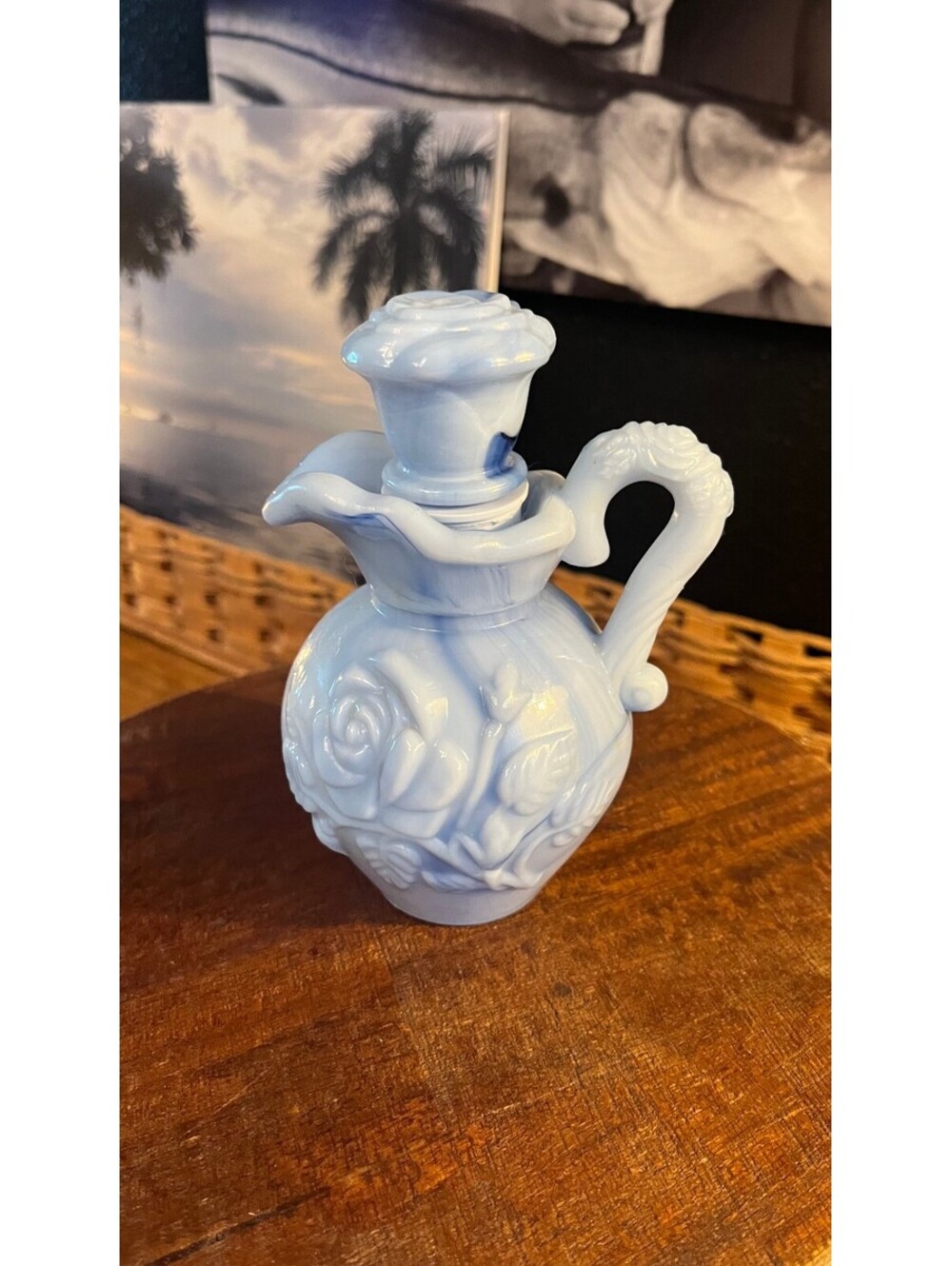 Avon Vintage Blue Milk Glass Perfume Bottle with Floral Design and Stopper